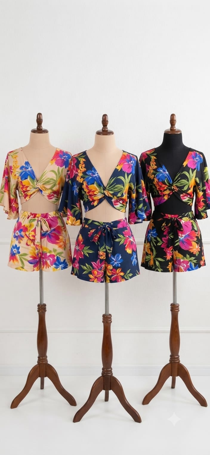 Conjunto Cropped Amarrado e Shorts Floral