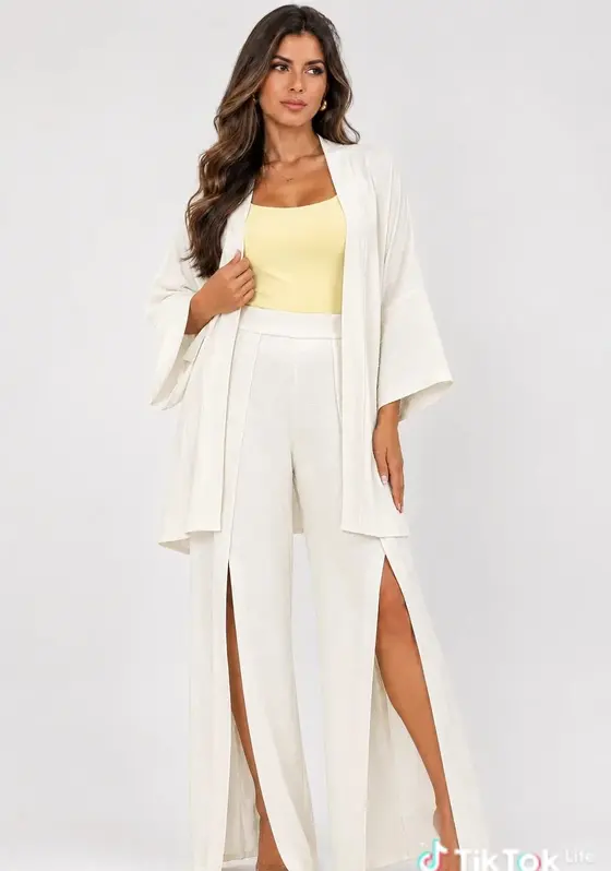 Conjunto Kimono Longo e Pantalona com Fenda, Elástico e Bolso