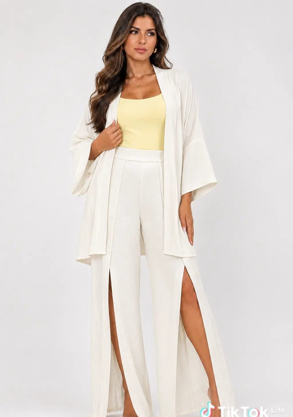 Conjunto Kimono Longo e Pantalona com Fenda